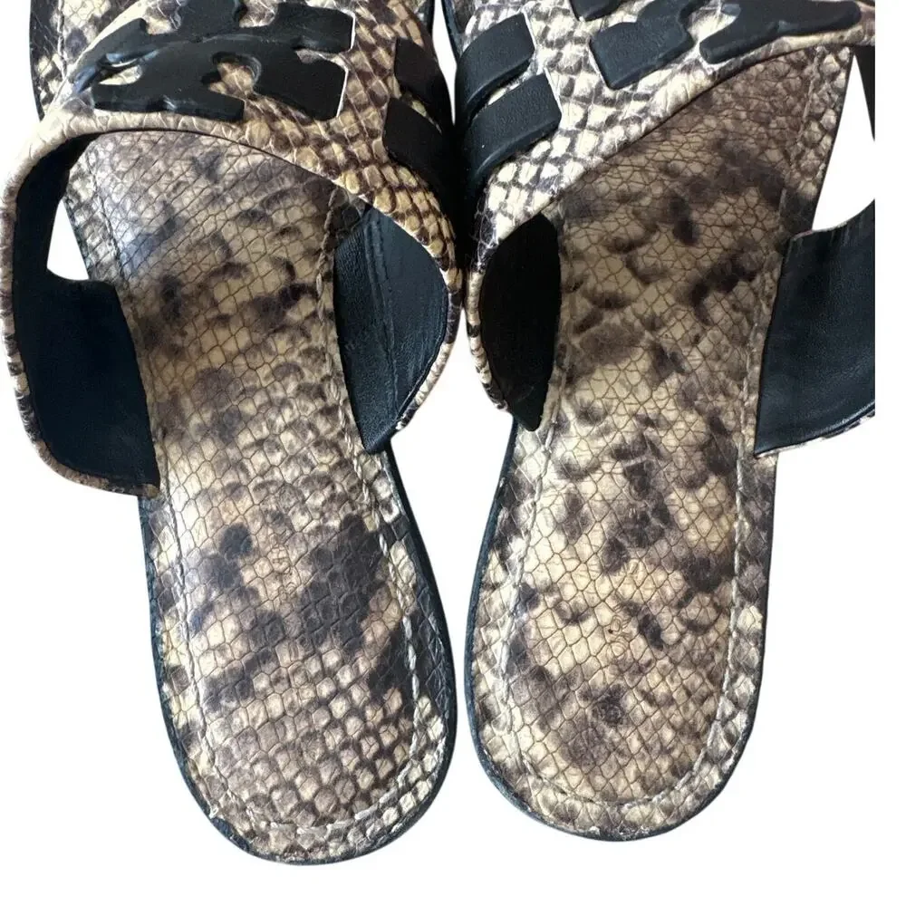 Tory Burch Leigh‎ Thong Sandals 9.5 Roccia Snakeskin Black Logo